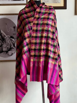 Check Sozni handwoven Kashmiri pashmina shawl in multicolor with traditional Sozni embroidery by JK Origins