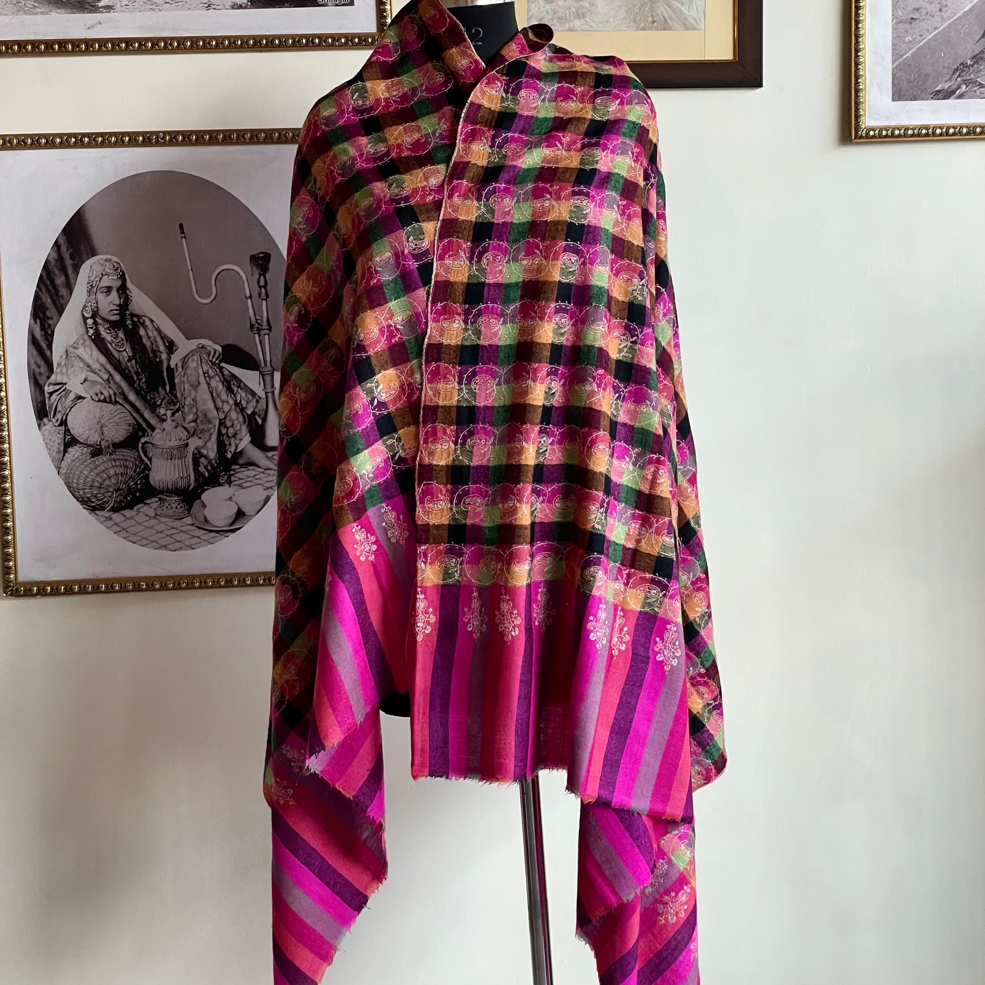 Check Sozni handwoven Kashmiri pashmina shawl in multicolor with traditional Sozni embroidery by JK Origins