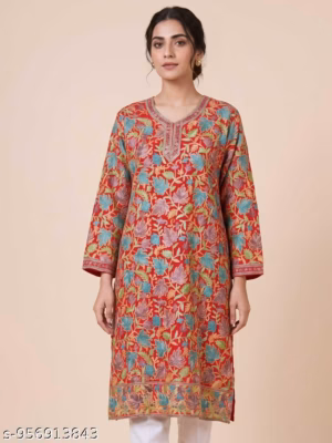 Cultural Red Kashmiri Short Kurti in Georgette with Aari Embroidery