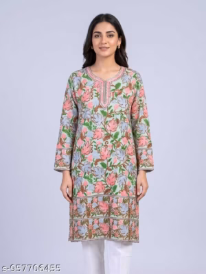 Light Grey Kashmiri Long Kurti in Georgette with Ari Embroidery