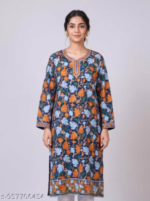 Dark Blue Kashmiri Long Kurti in Georgette with Ari Embroidery