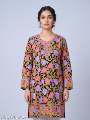 Kashmiri Georgette Black Long Kurti with Chinari Aari Embroidery