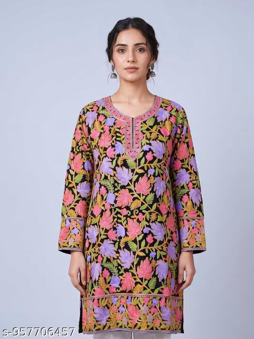 Kashmiri Georgette Black Long Kurti with Chinari Aari Embroidery