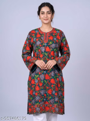 Kashmiri Georgette Dark Green Long Kurti with Chinari Nazar Aari Embroidery