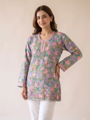Kashmiri Georgette Light Grey Short Kurti with Chinari Aari Embroidery