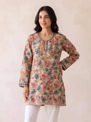 white Kashmiri Georgette Short Kurti with Chinari Aari Embroidery