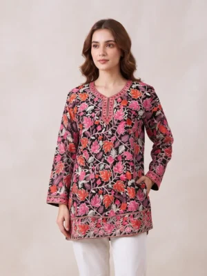 Black Short Kurti with Kashmiri Zainab Chinari Aari Embroidery
