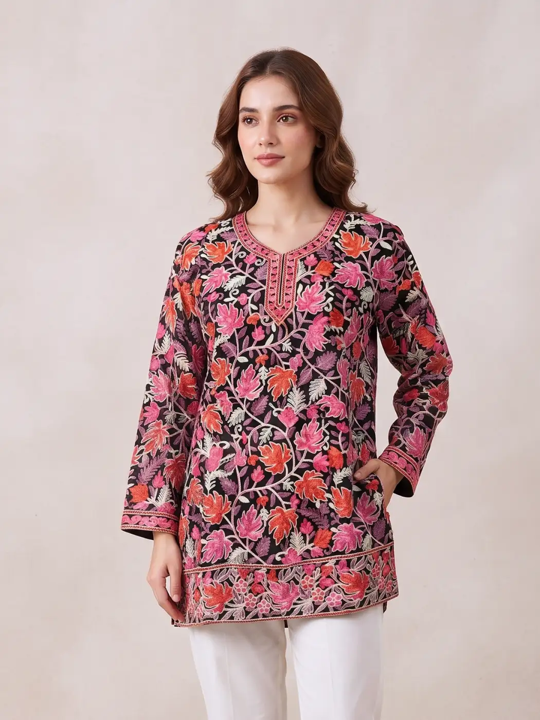 Black Short Kurti with Kashmiri Zainab Chinari Aari Embroidery