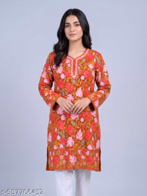 Rust Orange Kashmiri Long Kurti in Georgette with Aari Embroidery