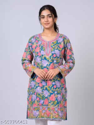 Blue Kashmiri Long Kurti in Georgette with Aari Embroidery